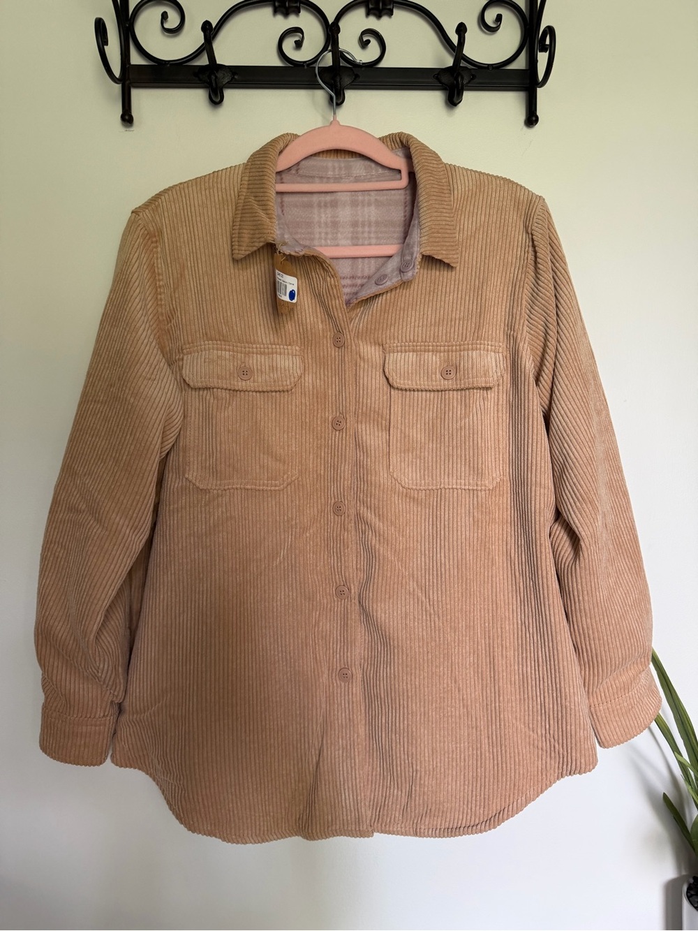 Corduroy Button-Front Reversible Shacket in Tan NWT